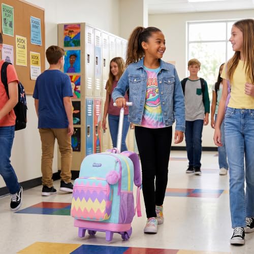 Girls Rolling Backpack with Lunch Box School Backpacks with Wheels 16.5" Roller Backpack for Girls, 3pcs Kids Wheeled Bookbag for Elementary School - color: Duosejieti