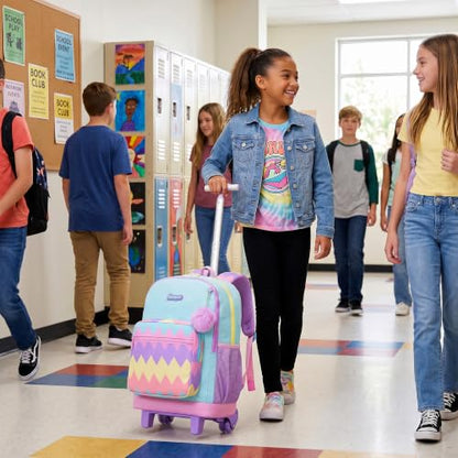 Girls Rolling Backpack with Lunch Box School Backpacks with Wheels 16.5" Roller Backpack for Girls, 3pcs Kids Wheeled Bookbag for Elementary School - color: Duosejieti