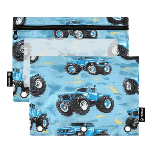 Gredecor Binder Pencil Pouch 3 Ring Blue Monster Truck Zipper Pencil Pouches Case 2 Pack Clear Binder Organizer for Kids School Office - color: Blue Monster Truck
