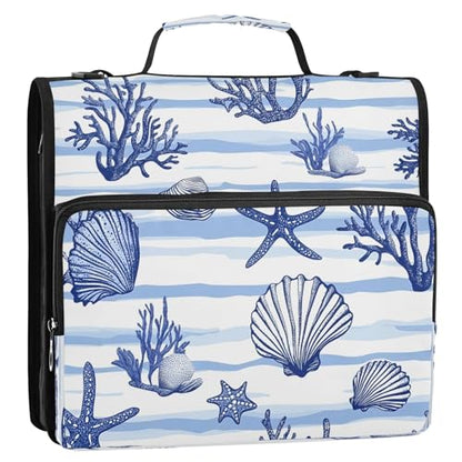 CEBUGI 3 Ring Zipper Binder with Shoulder Strap Multi-Pocket Portfolio Binder 1.5-inch D-Rings Expanding File Folder for School Office Blue Seashells