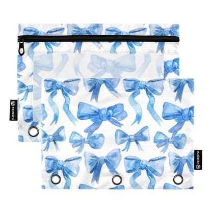Binder Pencil Pouches Blue Ribbon Bows Watercolor Pen Case | Clear Window 3 Rings, Cosmetic Bags School Office Supplies Cosmetic Makeup Bag 2 Psc - color: Multi-blue Ribbon Bows