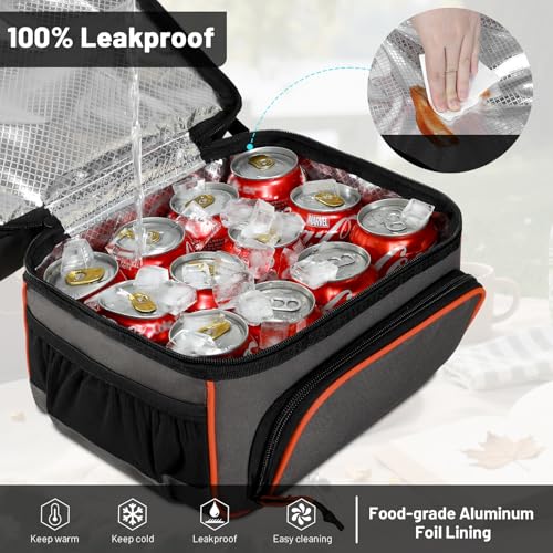 MIER 2 Compartment Lunch Bag Tote with Shoulder Strap for Men and Women Insulated Leakproof Cooler Bag, Grey/Orange - color: Grey/Orange