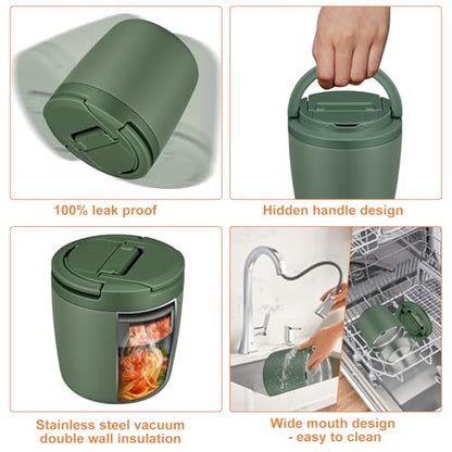 wiwens 40oz Insulated Lunch Containers for Adults Soup Thermo for Hot Food | Leak Proof Wide Mouth Vacuum Stainless Steel Thermal Jar Bento Box with Buckle Lid and Spoon - color: Green