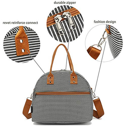 FlowFly Insulated Lunch Bag With Shoulder Strap for Women, Men, and Kids, Large and Reusable, Handle, Freezable Work and School Travel Tote and Meal Prep Organizer,White and Black Stripes - color: White and Black Stripes