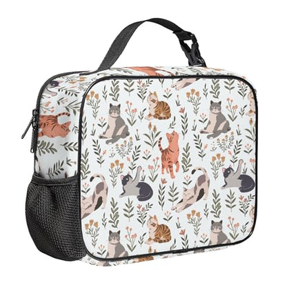 WOBAGMEN Large Lunch Box, Insulated Reusable Lunch Bag with Water Bottle Holder Portable Waterproof Leakproof Lunch Tote Bag Cute Lunch Box(Cream Cat Floral) - color: Cream Cat Floral