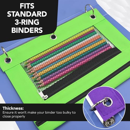 3 Ring Pencil Pouch for Binder, 2-Pocket Zipper Pencil Case with Clear Window & Mesh Pocket, 600D Oxford Fabric Binder Pouch for School Office Supplies, Fits Standard 3-Ring Binders, Green - color: Green