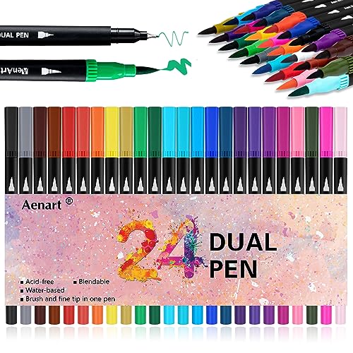 Aen Art Dual Brush Markers for Adult Coloring Books, 24 Colored Fine Point Marker Pen for Note taking Planner Hand Lettering Calligraphy Drawing Journaling - color: ‎24 Colors