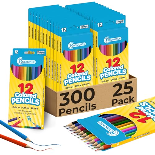 Rosmonde Colored Pencils Bulk 25 Pack | 300 Pencils, Assorted Pre Sharpened Colors Set, 12 Bright Colors, Easy Grip, Ready to Use Pencils for Teachers, Art Stations & Coloring Projects - style: 25 Pack | 300 Pencils