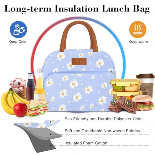 Coobiiya Insulated Lunch bag Women，Reusable Cute Lunch Box for Women | Large Capacity Lunch Tote Cooler Thermal Leakproof for Work Travel Picnic - color: Blue Daisy