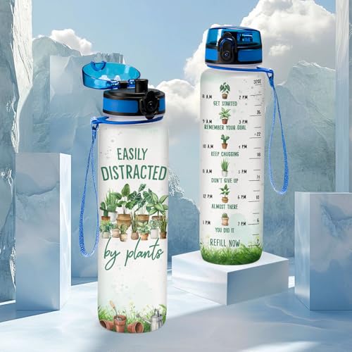 Plant Lover Water Bottle 32oz with Motivational Time Marker Easily Distracted by Plants Gift for Women Gardening Houseplant Lover Birthday Mothers Day BPA Free Reusable - color: Garden