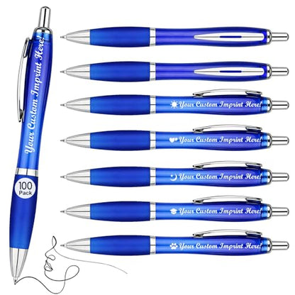100-Pack Promotional Pens with Custom Text - Clear Plastic Pens - color: Blue