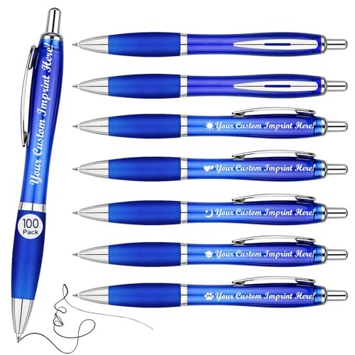 100-Pack Promotional Pens with Custom Text - Clear Plastic Pens - color: Blue