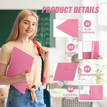 Gueevin 100 Pack Plastic Folder with Pockets, 2 Pocket Folders, Plastic Glossy Folders Fit Letter Size Paper, Heavy Duty Durable File Folder with Business Card for Home Office School (Pink) - color: Pink