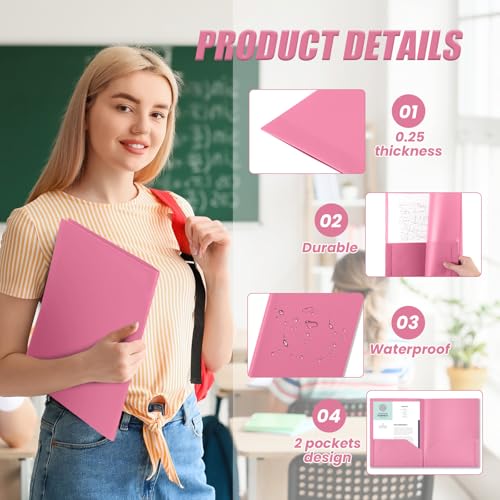 Gueevin 100 Pack Plastic Folder with Pockets, 2 Pocket Folders, Plastic Glossy Folders Fit Letter Size Paper, Heavy Duty Durable File Folder with Business Card for Home Office School (Pink) - color: Pink