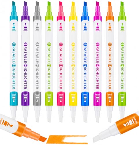 YOOUSOO Erasable Highlighters, 10 Colors Highlighters Erasable | Highlighter Assorted Colors, Chisel Tip Highlighter for Book Classroom School Bible Study Planner Journaling Office