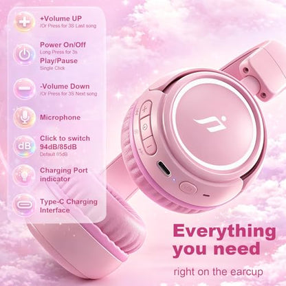 Jimonyer Kids Bluetooth Headphones Kids, 80H Playtime, Foldable Lightweight Wireless with Microphone Headset for Home School Travel (Pink) - color: Pink