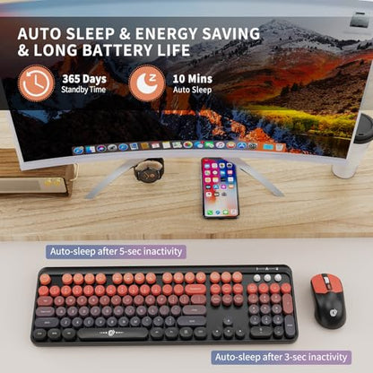 Wireless Keyboard and Mouse Combo, 2.4GHz Colorful Cute Round Keycaps Keyboard for Office Computer PC Desktops Laptop (2050-Red Black) - color: 2050-Red Black