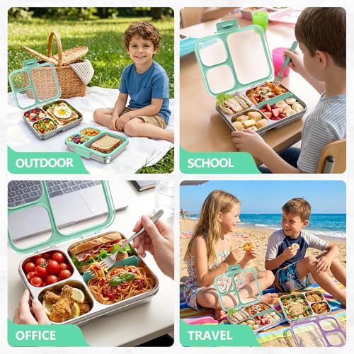 Stainless Steel Bento Lunch Box, 34oz/1000ml Leak Proof Metal Container, Lightweight 3mm Ultra-Narrow Bezel with Tritan Lid for Kids & Adults, 3-Compartment, BPA/BPS Free, Dishwasher Safe, Green - color: Green, size: 34oz/1000ml