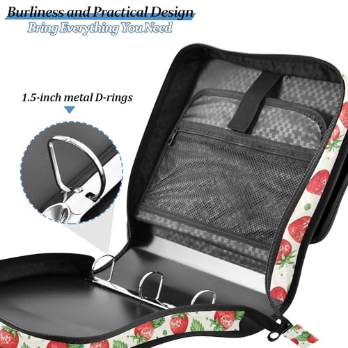 Cute Strawberry Zipper Binder 3 Ring with Shoulder Strap, Multiple Pockets Expanding File Folder Binder Bag Organizer