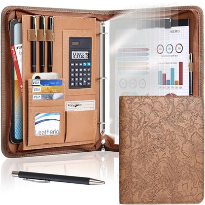 Leathario Portfolio Binder, Includes 5 Sheet Protectors and a Pen, 13 Inch Tablets Organizer, Vegan Leather A4 Padfolio, Multi-Pocket Notepad Business Planner Professional Document - color: Relief Brown
