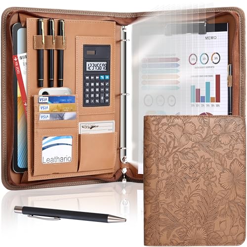 Leathario Portfolio Binder, Includes 5 Sheet Protectors and a Pen, 13 Inch Tablets Organizer, Vegan Leather A4 Padfolio, Multi-Pocket Notepad Business Planner Professional Document - color: Relief Brown