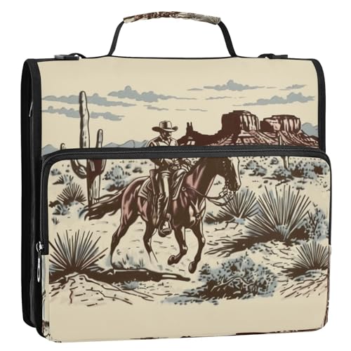 Boccsty American Wild West Desert Cowboys Horse Zipper Binder 3 Ring Binders Expanding File Folder Multi-Pocket Zipper Binder Organizer for School Shoulder Strap and Handle - color: Multicolored 01