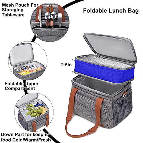 Weitars Lunch Bag for Women Men, Loncheras Para Mujer Dual Compartment Waterproof Reusable Large Lunch Box Wide-Open Cooler Tote Bag For Working Picnic Hiking (15L) (Gray(kahki)) - color: Gray(kahki)