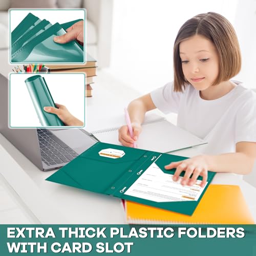 Henoyso 48 Pcs Plastic Folder with Clear Front Pocket and 3 Prongs Heavy Duty Plastic Folders with Card Slot Pocket Folders with Prongs for School Office Home(Dark Green) - color: Dark Green