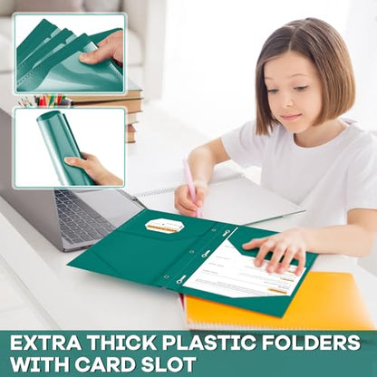Henoyso 48 Pcs Plastic Folder with Clear Front Pocket and 3 Prongs Heavy Duty Plastic Folders with Card Slot Pocket Folders with Prongs for School Office Home(Dark Green) - color: Dark Green