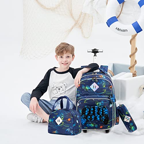 Meetbelify Rolling Backpack for Boys with Wheels Kids Travel Suitcase Laptop Luggage with Lunch Box Set for Boys Age 6-8 - color: 02 Game