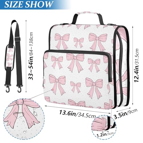 Pink Bows Waterproof Zipper Binder with Shoulder Strap, 3-Ring Trapper Keeper with Lay-Flat Design and Multiple Compartments for School & Office, Adults & Kids