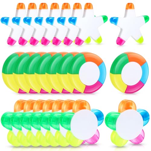 Dunzoom 24 Pcs Highlighter with Star Petals Round Shape Assorted Colors Back to School Watercolor Highlighter Pens 5 in 1 Fluorescent Pens for School Office Stationery Aesthetic Supplies