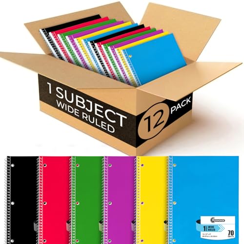 Rosmonde 12 Pack Spiral Notebooks, 1 Subject Notebook, Wide Ruled, Assorted | Bulk Wide Ruled Notebooks For School, 70 Sheets (140 Pages), 8 x 10-1/2", 3 Hole Punched, Single Subject Spiral Notebook Bulk - size: 12 Pack