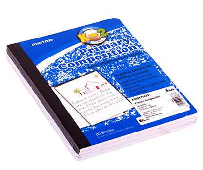 Mintra Primary Composition Notebook, 4 Pack, Blue Cover, 80 Sheets, 7.5in x 9.75in, 1/2 Sheet, Ruled with Drawing Area, Flexible Hardcover Journal, Grades K-2, School & Home Use - color: Primary Ruled, size: 4 Pack