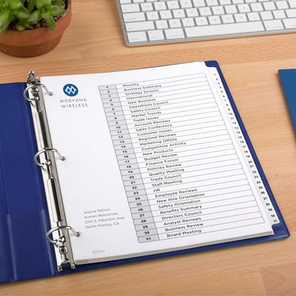 Avery 1-31 Dividers for 3 Ring Binders, 31 Tabs per Set, Customizable Table of Contents, Classic White Tabs, Great for Organizing Reports, Projects, and More (6 Sets of 11827) - size: One Size, style: 6 Set