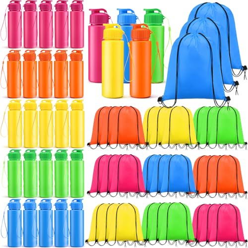 60 Pcs 17 oz Plastic Water Bottles Bulk and Drawstring Backpack Set for School 30 Reusable Plastic Biking Water Bottle 30 Sport Gym Goodie Gift Bag for Summer Party Gym Travel(Multicolor) - color: Multicolors, size: Opaque