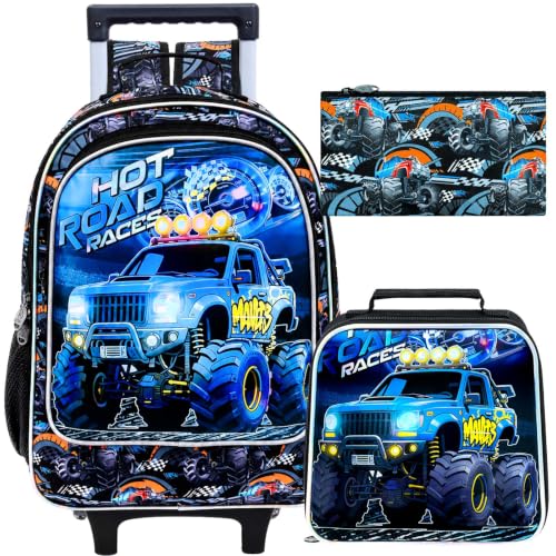 WZLVO 3PCS Boys Wheeled Backpack, 18" Truck Print Rolling Backpack for Kids, Includes Matching Lunch Bag & Pencil Bag - Blue Power Truck - color: 3PCS Boys Rolling Backpack - Blue Power Truck