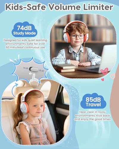 awatrue Kids Headphones, 74/85dB Safe Volume Limit, Stereo Sound, Wired On-Ear Headphones for Kids Boys Girls, 3.5mm Jack for Tablet, iPad, Kindle, YOTO Player, Airplane Travel, White - color: White-Orange