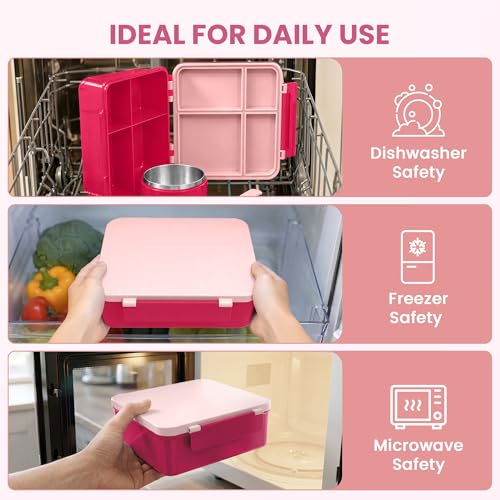 LOHASOK Bento Lunch Box Kids with 8oz Soup Thermo, Leak-Proof Lunch Containers with 4 Compartment, Thermo Hot Food Jar and Insulated Lunch Box for School for Girls Pink - color: Pink