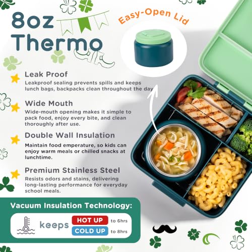 Bento Lunch Box for Kids with 8oz Thermo Containers for School,Camping | Vacuum Insulated Food Jar,Leakproof Silicone-Seal,5 Compartments with Dividers,Dishwasher & Refrigerator Safe,BPA-Free - color: Green
