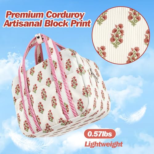 Aesthetic Corduroy Insulated Lunch Bag for Women, Floral Block Print Lunch Box with Pocket, Spacious Boho Reusable Cooler Tote for Work, School, Nurse Gift & Picnic, Leakproof (Pink White)