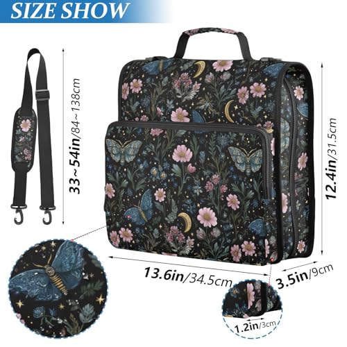 Moths Butterfly Gothic 3 D-Ring 2 inch Zipper Binder Bag with Shoulder Strap, School Multi-Pocket Portfolio Organizer Case for 13 Inch Laptop