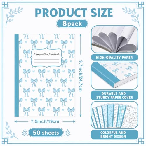 8 Pack Blue Bow Composition Notebooks Bulk Blue Notebook College Ruled Journal 100 Pages Cute Aesthetic Bow Composition Books Back to School Gift for Student Teacher Office Supplies 9.7x7.5 Inch - color: Blue Bow