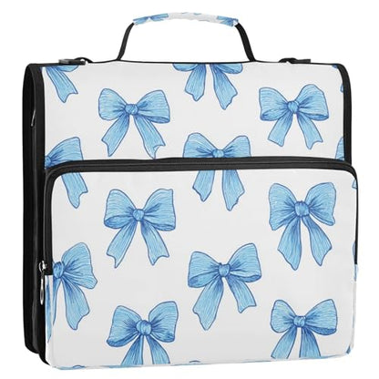 Caikeny 3 Ring Zipper Binder Cute Blue Bows Hand Drawn 1.5 inch Binders Bag Expanding File Pockets with Shoulder Strap and Handle - color: Multicolored 1z83.18
