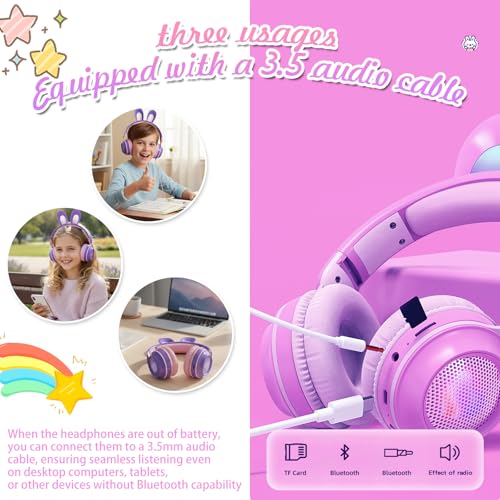 Rabbit Purple Cat Headphones Bluetooth, Noise Cancelling, LED, Mic | Delight your child with these stylish LED cat ear headphones premium noise cancellation, built-in mic, and wireless ease. - color: Rabbit Purple