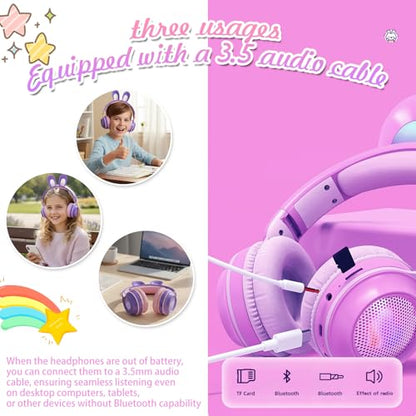 Rabbit Purple Cat Headphones Bluetooth, Noise Cancelling, LED, Mic | Delight your child with these stylish LED cat ear headphones premium noise cancellation, built-in mic, and wireless ease. - color: Rabbit Purple