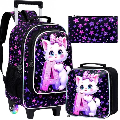 CCJPX 18" Cat Rolling Backpack for Girls, 3Pcs Kids Glow Wheels Bookbag with Lunch Box, Lightweight Roller School Bag for Elementary Preschool (Black) - color: A-star Cat(with Glowing Wheels)