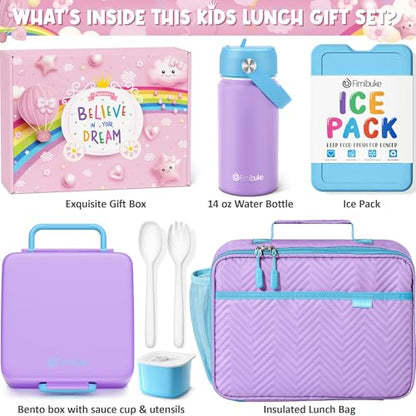 Fimibuke Kids Bento Lunch Box with 4 Compartments, Insulated lunch Bag, Stainless Steel Insulated Water Bottle, Ice Pack & Utensils Set, Birthday Gifts for Ages 3-12 Back to School Toddler Girls Boys - color: A9. Cotton Candy