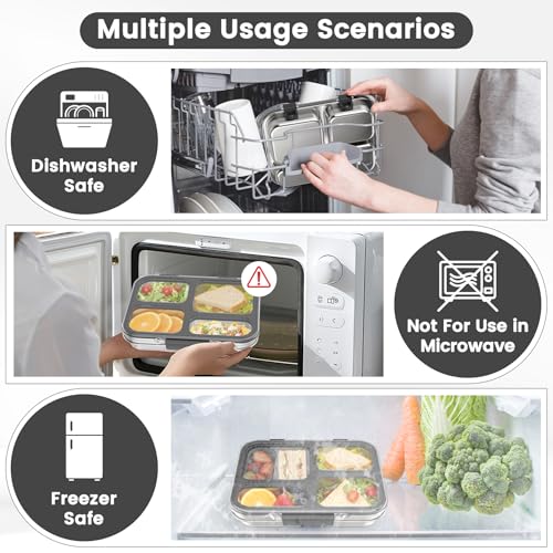 Stainless Steel Bento Box for Kids Adults with Silicone Container, Leak Proof 4 Compartments Metal Lunch Box, Removable Silicone Seal & Clear Lid Food Container for School Office, BPA-Free(Black) - color: Black