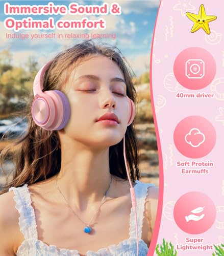 Bywulanda USB-C Kids Headphones with Mic, Safe Volume Limiter 85/94dB, Adjustable Headband, Foldable Wired Headphones for Boys & Girls, Over Ear Headphones for School/Chromebook/Tablet/Laptop/Travel - color: Bright pink